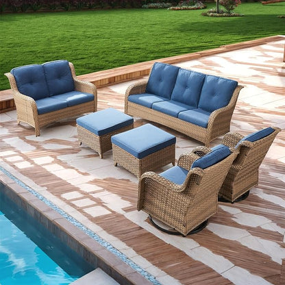 Rilyson Patio Furniture Swivel Chairs Set - 6 Piece Wicker Rattan Outdoor Sectional Conversation Sets with 2 Rocking Swivel Chairs,2 Ottomans,1 Sofa and 1 Loveseat for Porch Deck(Yellow/Blue)