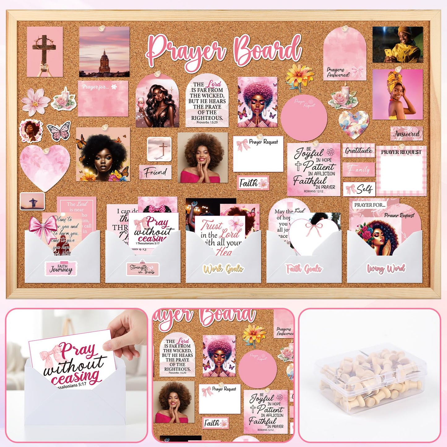 Black Women Prayer Board Kit - Vemfare 162 Pcs Prayer Board Stickers Supplies with Pins Envelope Bible Verse Quotes Cards, Pink Scrapbook Stickers, Bible Study Supplies for Women (Not Cork Board)