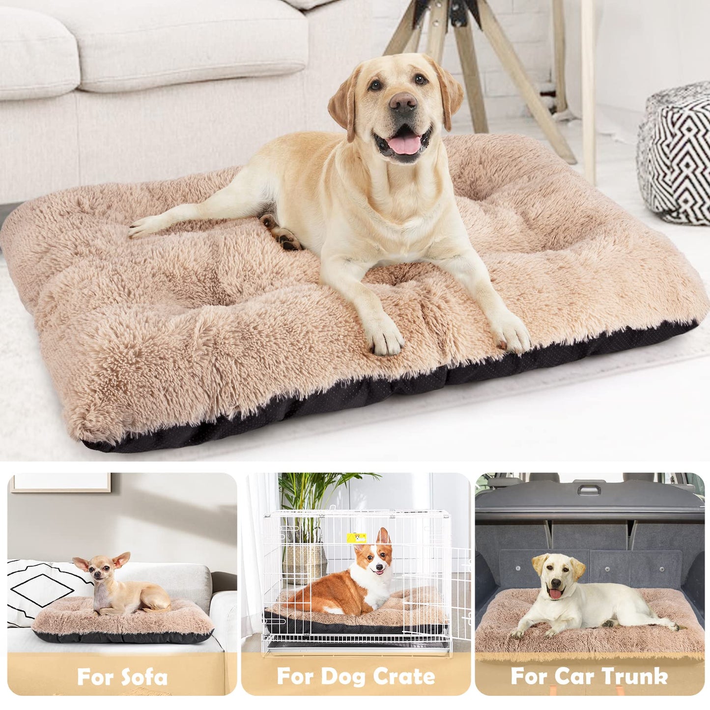 JOEJOY Large Dog Bed Crate Pad, Deluxe Plush Washable Dog Beds Fulffy Soft Kennel Pad Anti-Slip Pet Sleeping Mat for Large Medium Small Dogs, 35" x 23", Beige