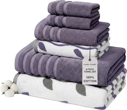 Modern Threads Organic Vines 6-Piece 100% Cotton Towel Set – Yarn Dyed Jacquard