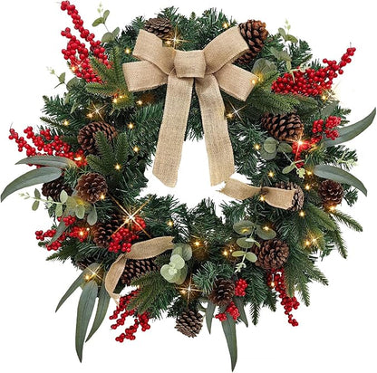 28’’ Pre-Lit Artificial Christmas Wreath, Battery Operated 35 LED Lights with Leaves, Red Berries, Natural Pine Cones, and a Linen Bow for Front Door, Xmas Wreath for Holiday Christmas Decorations