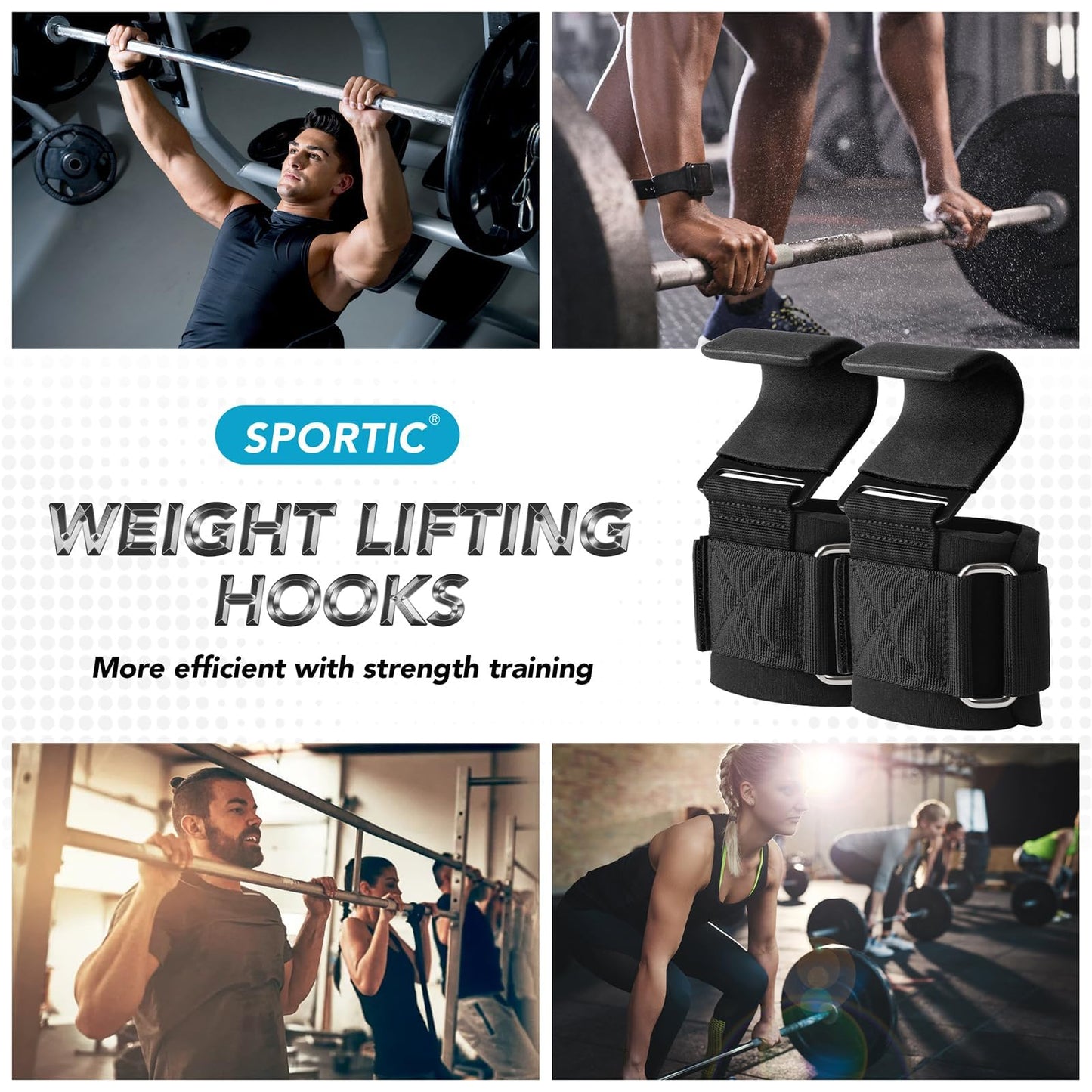 SPORTIC Weight Lifting Hooks (Pair) - Heavy Duty Lifting Wrist Straps, Hand Grip Support for Deadlifts, Pull Ups, Shrugs, Weightlifting Hooks Gym Gloves for Men and Women