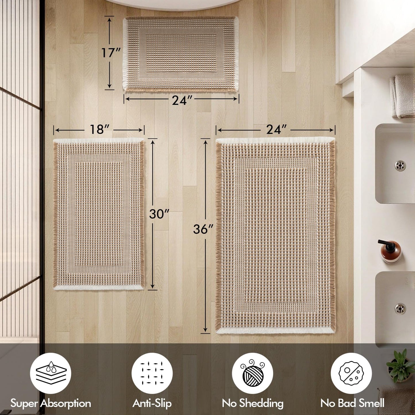 MIULEE Set of 2 Waffle Bathroom Rugs, Boho Bath Rug Super Absorbent, Non Slip Washable Ultra Soft Rubber Backed Beige Bath Mats for Floor, Tub, Shower, Looped Design, Brown & Cream, 17"x24"+18"x30"