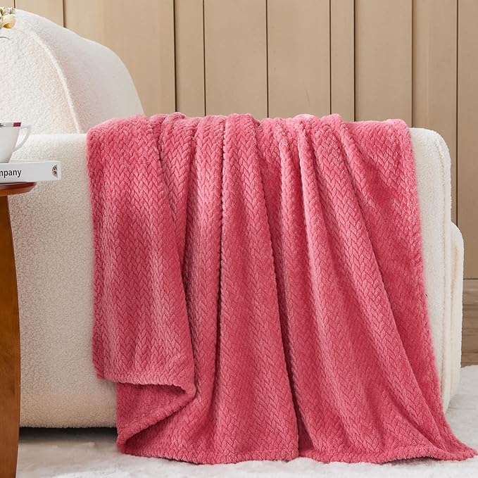 NEWCOSPLAY Super Soft Throw Blanket Coral Pink Premium Silky Flannel Fleece Leaves Pattern Lightweight Bed Blanket All Season Use (Coral Pink, Throw(40"x50"))