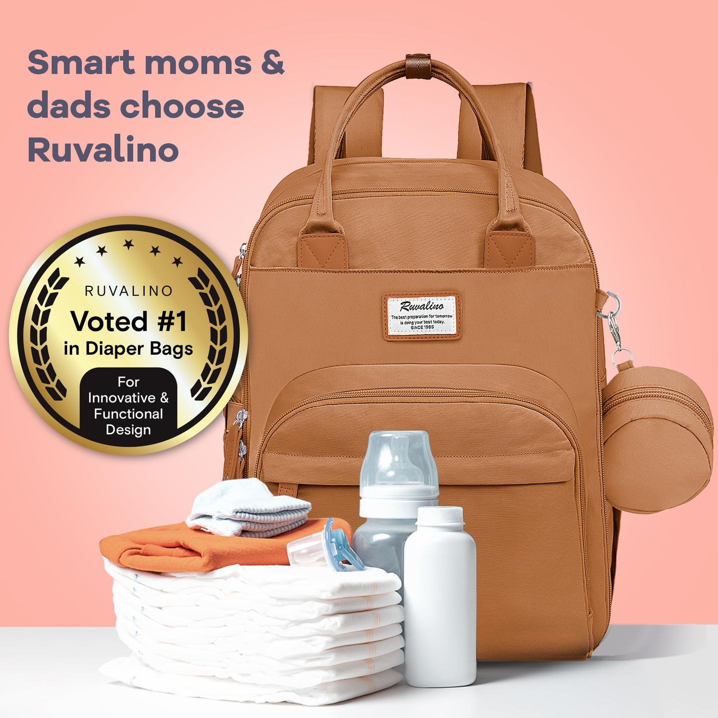 RUVALINO Diaper Bag Backpack-Multifunction Baby Travel Bag with Changing pad, Insulated Bottle Holders & Pacifier Case, Large Capacity, Waterproof, Dark Brown