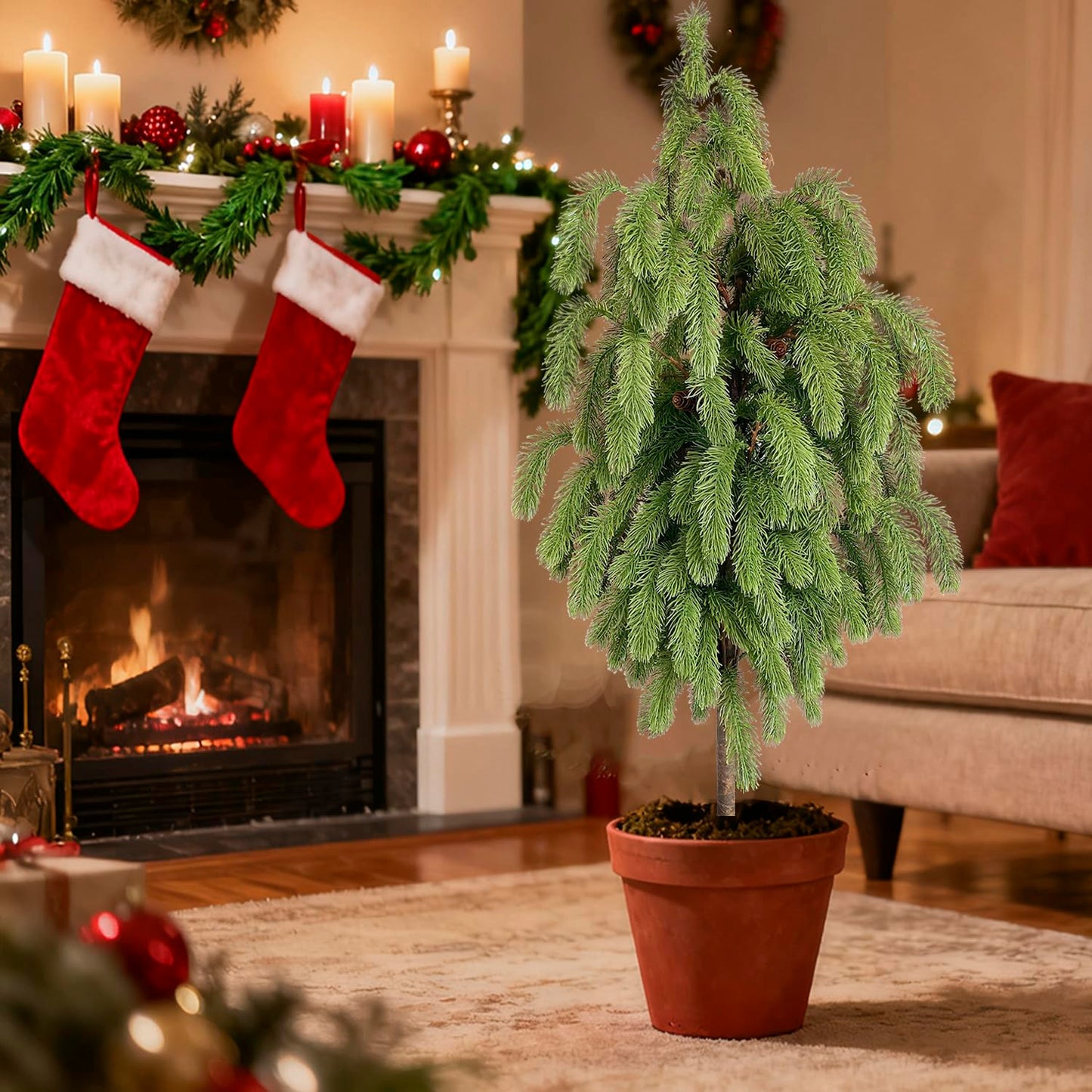 4FT Artificial Norfolk Pine Tree 2-Pack, Real Touch Faux Potted Plants in Black Pot, Fake Christmas Greenery for Indoor Outdoor Front Porch, Entryway, Year-Round Home Decor & Housewarming Gift