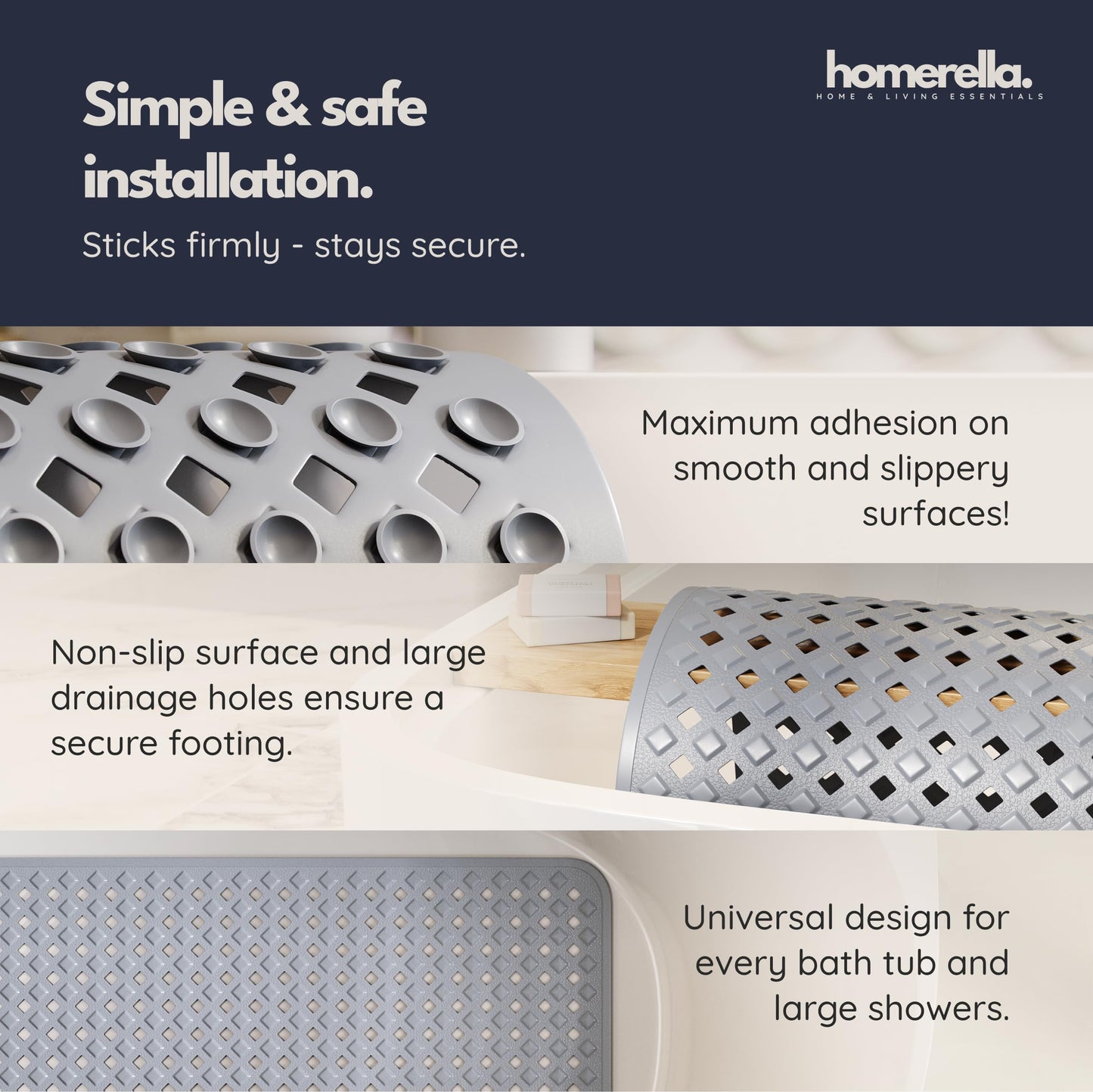 Bathtub Mat Non Slip 35x16 - homerella® Bath Mat Incl. Hooks for Drying, Extra Long, 100% BPA Free, Shower Mat Non Slip Anti Mold, Machine Washable, Shower Mats for Inside Shower Mildew Resistant