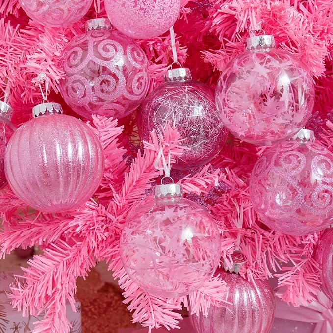 XmasExp 8ct Christmas Ball Ornaments Set -Large Clear Plastic Shatterproof Xmas Tree Ball Hanging Baubles Stuffed Delicate Glittering for Holiday Wedding Xmas Party Decoration (100mm/3.94",Pink)