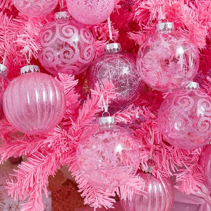 XmasExp 8ct Christmas Ball Ornaments Set -Large Clear Plastic Shatterproof Xmas Tree Ball Hanging Baubles Stuffed Delicate Glittering for Holiday Wedding Xmas Party Decoration (100mm/3.94",Pink)