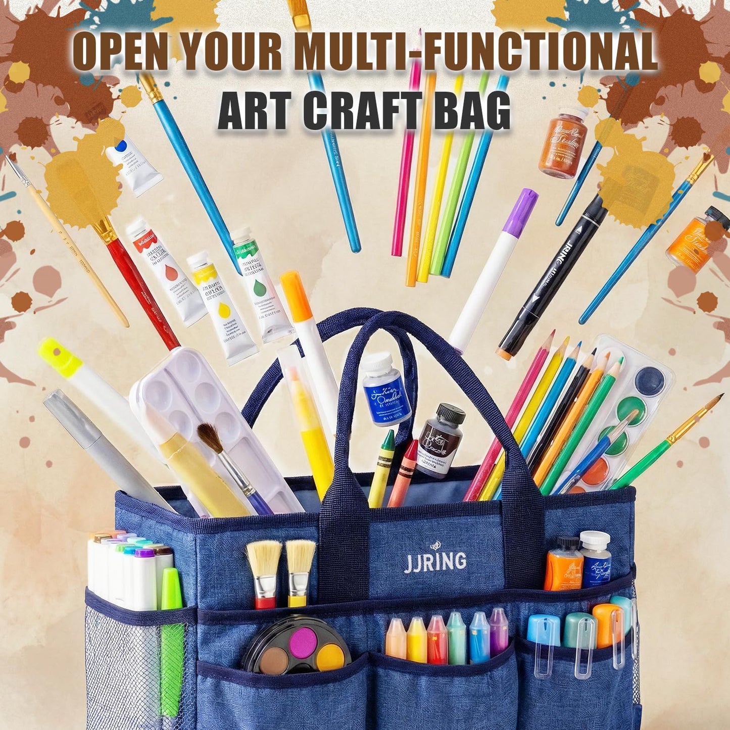 JJRING Large Art Supply Storage Tote Bag With 2 Mesh Side Pockets & Front Elastic Pockets – Sturdy Craft Organizer Caddy with Reinforced Bottom For Sewing, Scrapbooking, Teachers & Artists(Blue)