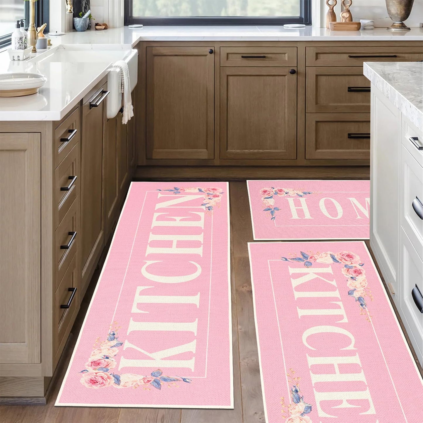PCSWEET HOME Pink Floral Kitchen Rugs Mats for Floor 3PCS, Farmhouse Non Slip Kitchen Rug Runner, Washable Non Skid Kitchen Rugs, Comfort Standing Mat for Laundry, Desk, Bar, Office