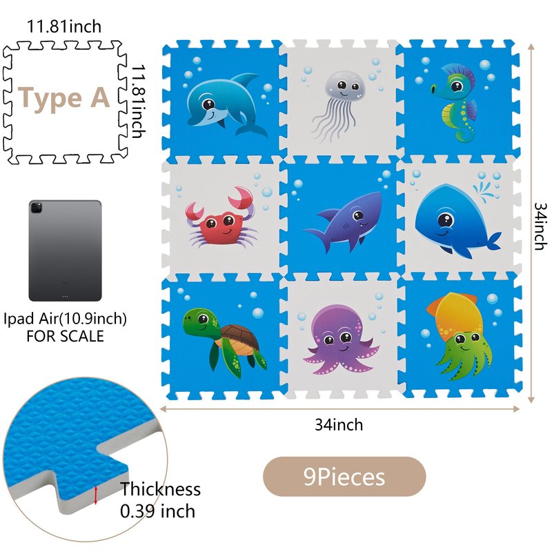 PLAY 10 Puzzle Play Mat, Foam Floor Tiles, Children’s Foam Puzzle Mat Baby Floor Play Mat 34×34 Inches Sea World 9 Pieces, Edge Tooth A