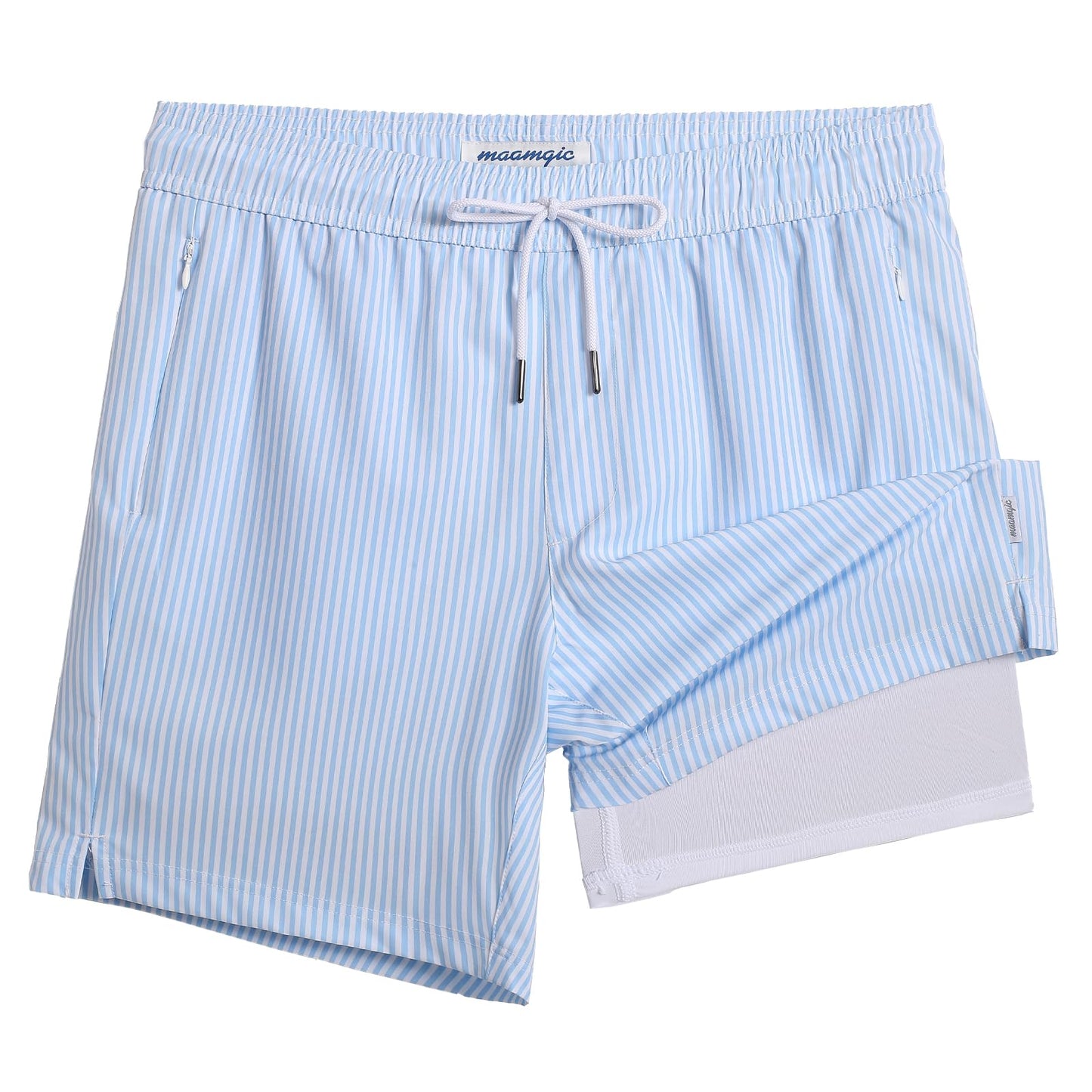 maamgic 2 in 1 Mens Swim Trunks 7 Inch Swim Shorts Swim Suits Board Shorts Blue Stripe-White XX-Large