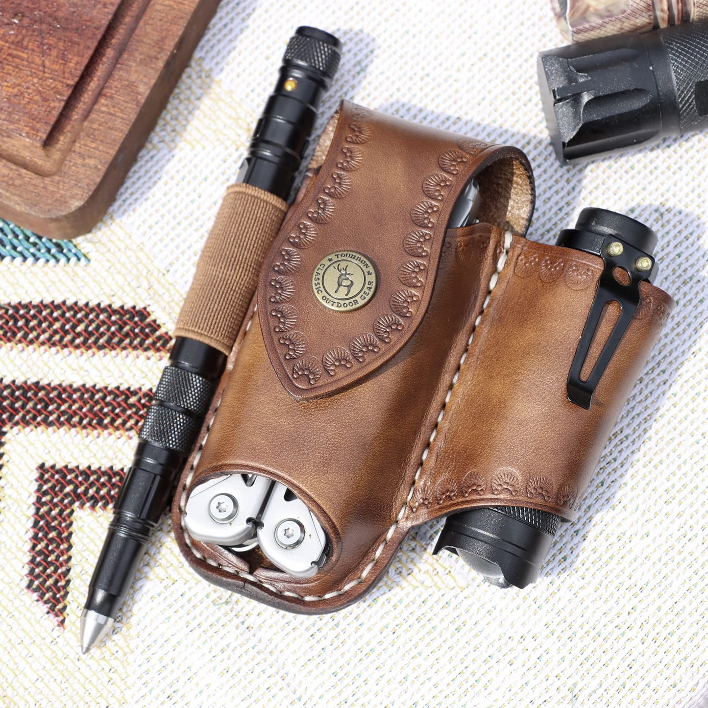 Leather EDC Belt Organizer - Handmade Multitool Sheath for Men, Tactical EDC Pouch with Flashlight Holder, Pen Holder & Belt Clip - Gifts for Men, Fits Folding Knife & Tools (Brown)
