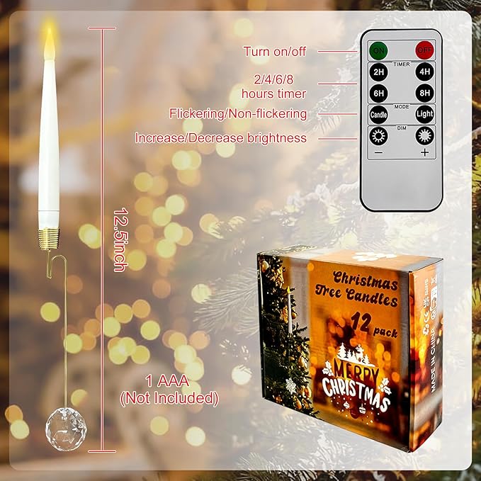 12 Pack Christmas Tree Candles，LED Flickering Flameless Candle Lights，Remote with Timer，Battery Operated Flameless Taper Window Candle for Christmas Tree Decoration&Wedding Party Décor