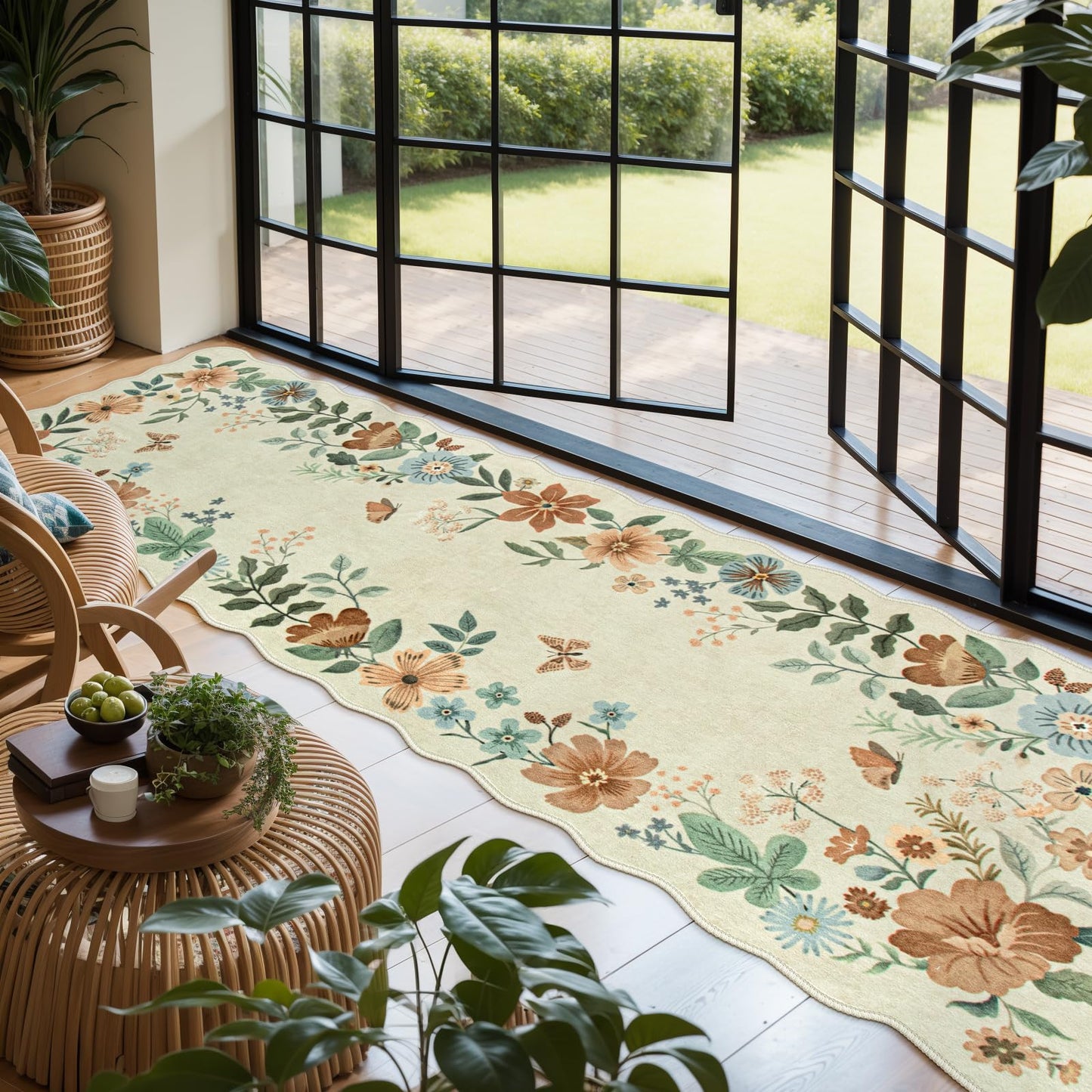 Lahome Floral Washable Runner Rug, 2'6''x8' Soft Hallway Rug Non Slip, Boho Ultra-Thin Kitchen Runners for Hallways with Rubber Backing Carpet for Laundry Bedroom Bathroom Flore (Beige)