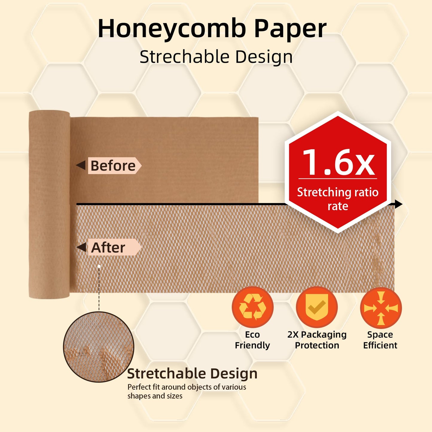 BRIVADO Honeycomb Packing Paper 15"x400' Roll with Fragile & Labeling Stickers, Gloves - Bubble Wrap for Moving,Products & Gifts Wrapping Paper, Recyclable & Biodegradable Cushioning Packing Material