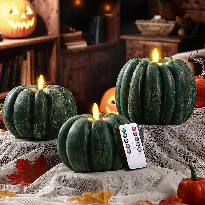 Retisee 3 Pcs Flameless Thanksgiving LED Candle Fall Light up Pumpkin Flameless Candles with Timer Remote Control, 4" 6" h Autumn Farmhouse Rustic Harvest Decor for Home Party(Green)