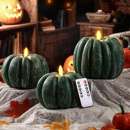 Retisee 3 Pcs Flameless Thanksgiving LED Candle Fall Light up Pumpkin Flameless Candles with Timer Remote Control, 4" 6" h Autumn Farmhouse Rustic Harvest Decor for Home Party(Green)