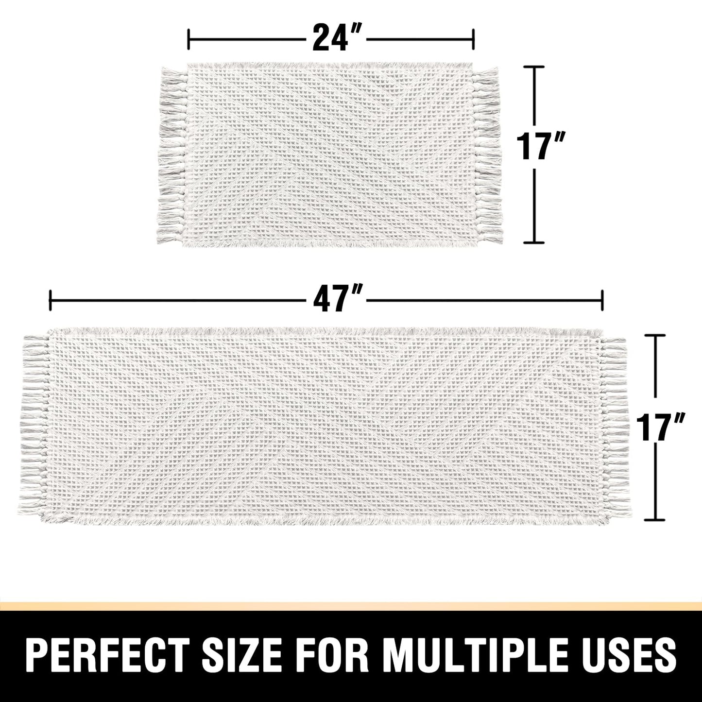 H.VERSAILTEX Waffle Bath Mat Super Absorbent Boho Bath Mat Non Slip Bath Rugs for Bathroom Floor Machine Washable Dry Fast Bathroom Rugs with Tassels (47 x 17 Plus 17 x 24 Inches, Ivory White)