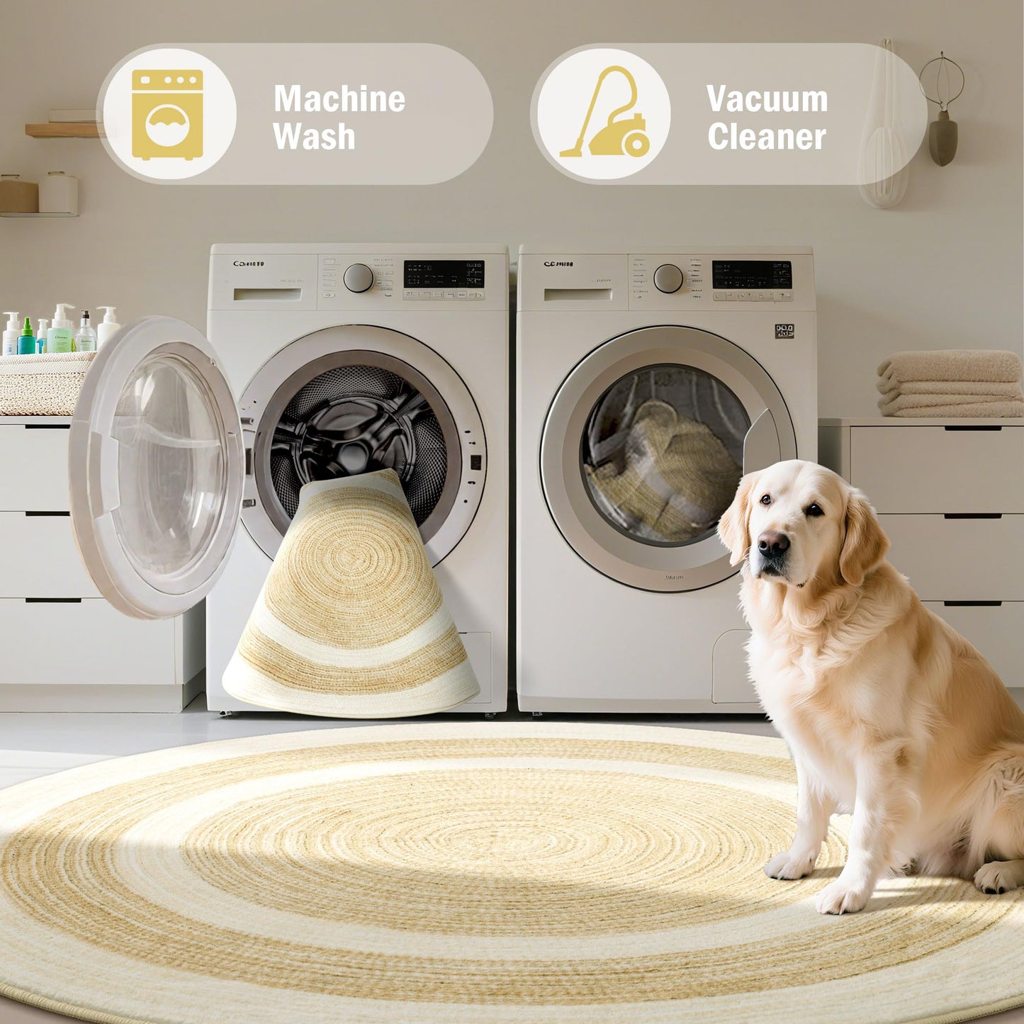Carvapet 4 ft Round Washable Rug, Imitation Jute Low Pile Circle Carpet with Non Slip Rubber Backing, Foldable Stain Resistant Area Rug for Living Room Bedroom Office Bathroom