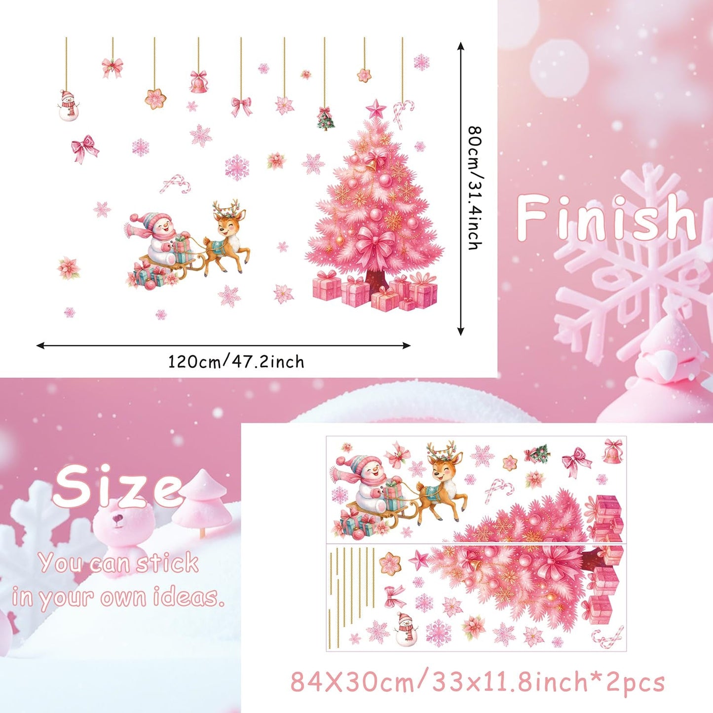 TOARTI Large Pink Christmas Tree Wall Decals Merry Christmas Window Clings Pink Xmas Tree Wall Sticker for Living Room Xmas Party Supplies Winter Holiday Party Decor
