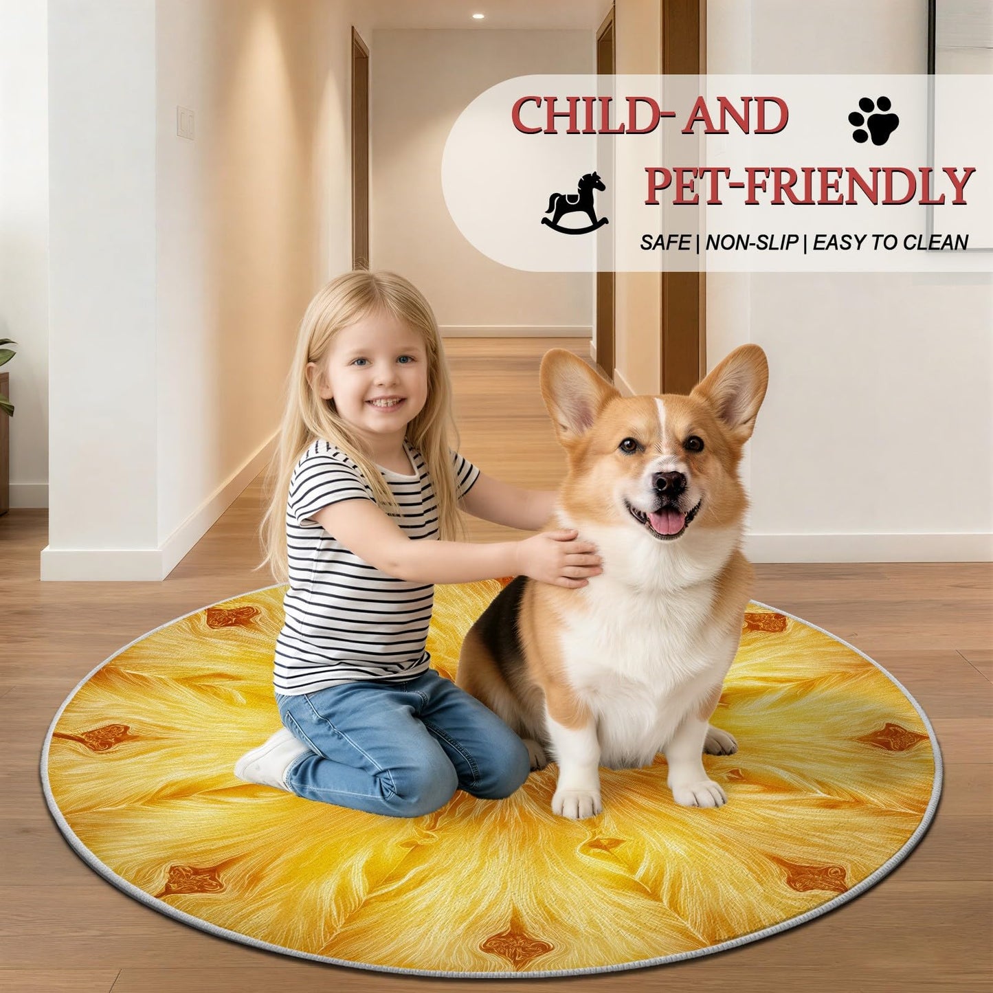 Round Rugs for Living Room, Bright Golden Yellow Circular Carpet with Abstract Sunburst Mandala Design, Washable Anti-Slip Soft Floor Mat, Indoor Home Decor Flower Rugs Under Coffee Table 4 ft