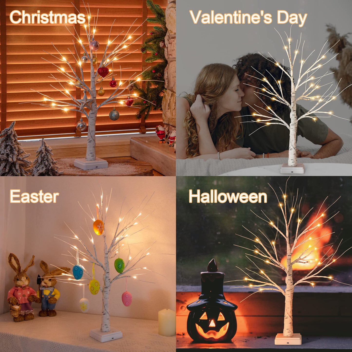 Woohaha Birch Tree for Christmas Decorations,2ft 24LED Warm White Lighted Birch Tree，Battery USB Timer Tabletop Artificial Mini Tree with Lights for Home Indoor Holiday Party Wedding Graduation Decor