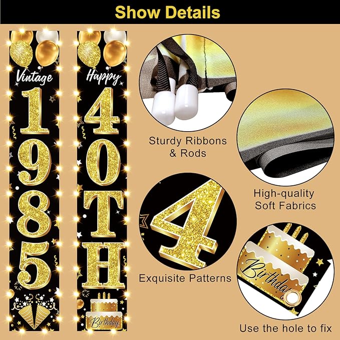 40th Birthday Party Banner Lighted Decorations for Men Women - Black Gold Vintage 1985 40th Birthday Decorations Door Banners with LED Light, Forty Years Birthday Party Supplies for Indoor Outdoor Decor