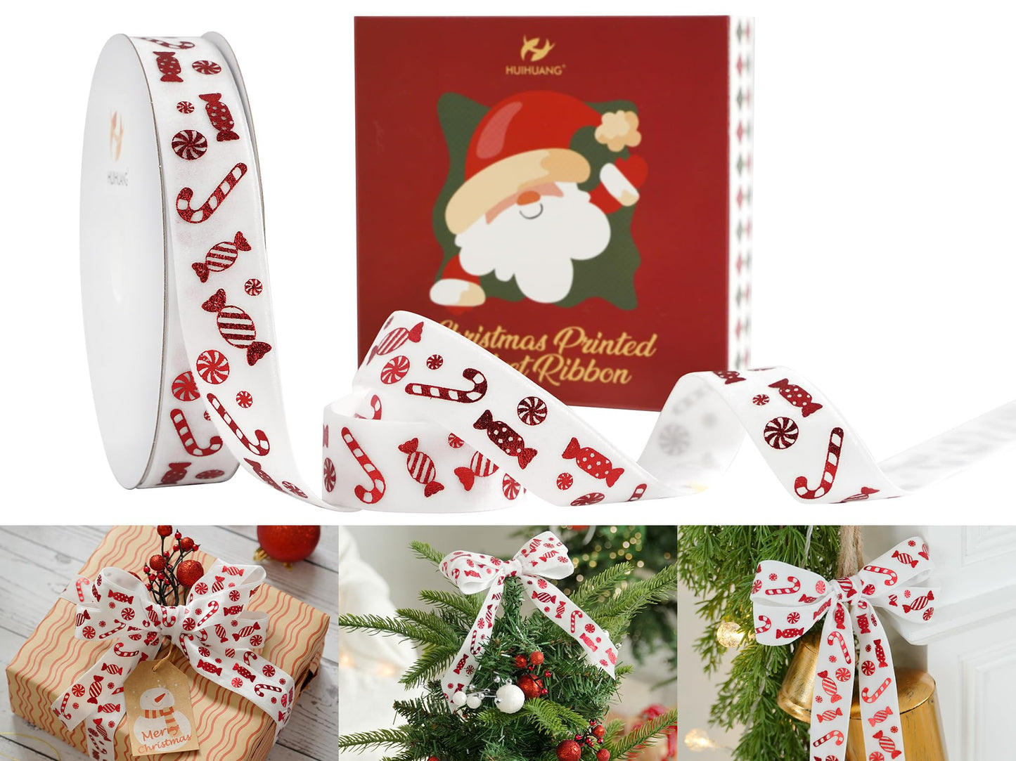 HUIHUANG Candy Cane Christmas Velvet Ribbon 1 inch White Velvet Ribbon with Red Candy Cane Print Ribbons for Gift Wrapping, Tree Ornaments, Wreaths, Garlands, Home Decor- Continuous 10 Yards