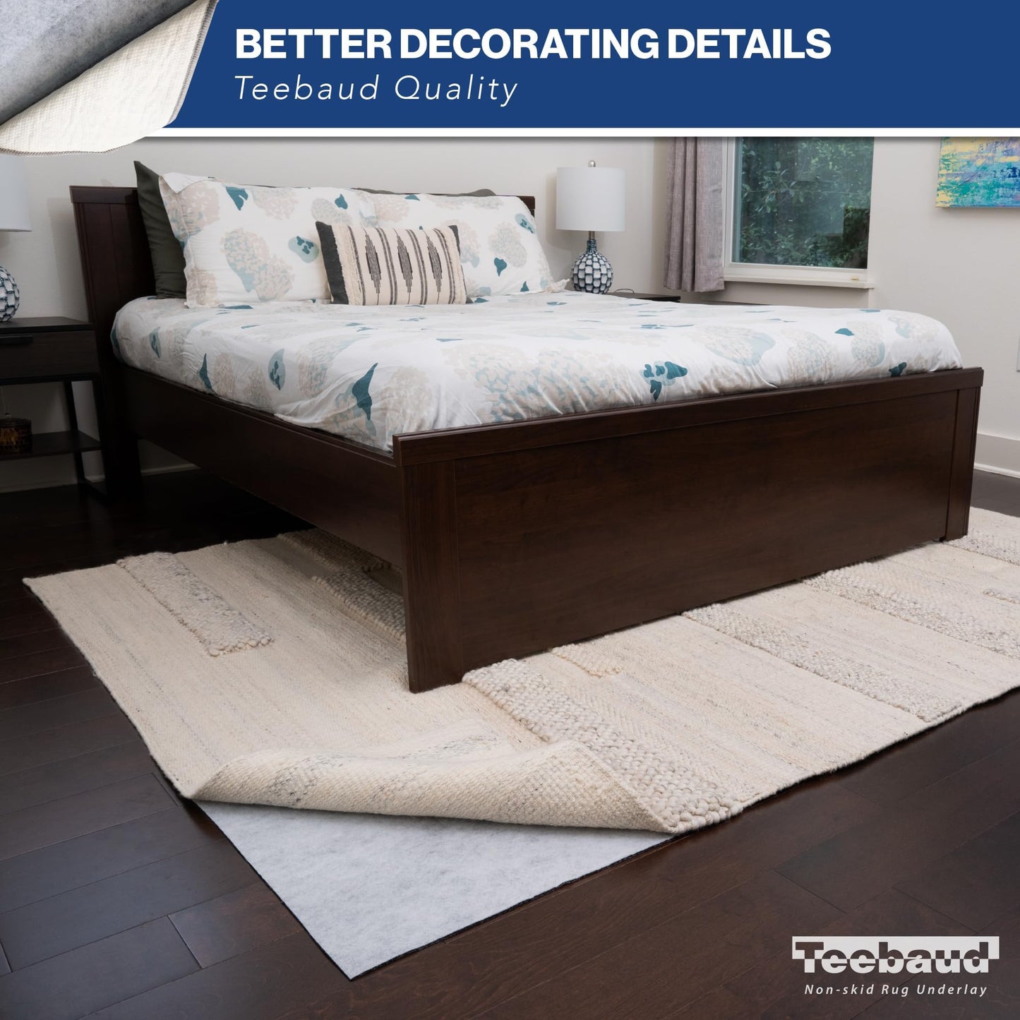 Teebaud 4' x 6' Non-Slip Rug Pad, Reversible Gripper, Non Skid Pads for Hardwood, Vinyl, Tile, Laminate Floors, Keep Area Rugs Secure, Natural Materials Safe for Indoor Flooring, ¼” Thick