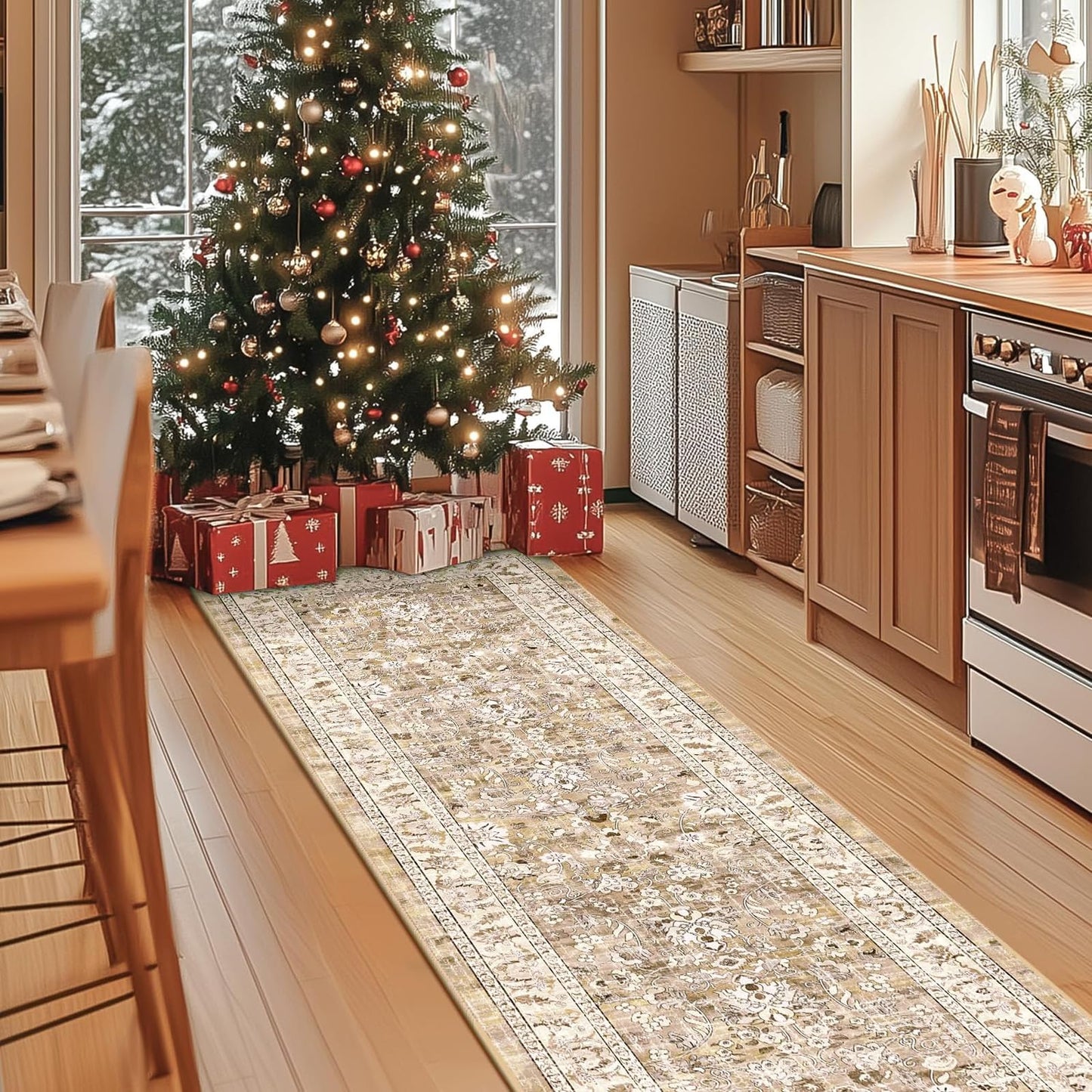 LOKHOM Washable Runner Rug, 2x6 Non-Slip Vintage Hallway Runner Rug with Rubber Backing, Boho Floral Soft Faux Wool Kitchen Rug Carpet Runner for Kitchen Laundry Entryway Bedroom (Beige Brown)