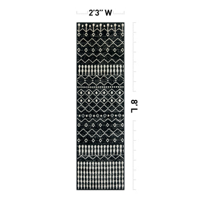 Rugshop Boho Black and White Tribal Area Rug – Geometric Diamond and Stripe Pattern Carpet for Living Room, Bedroom, or Entryway – Soft Modern Bohemian Floor Décor 2' 3" x 8' Runner Black