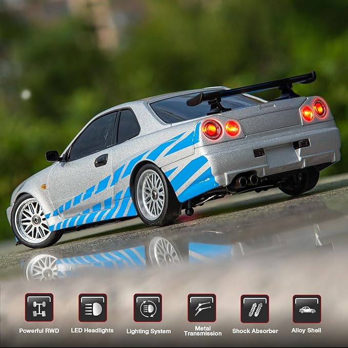 ARRIS LD1899 1/18 RC Drift Car GTR R34 2.4GHz RWD with Gyroscope on-Road Alloy Body Shell Racing Cars Radio Control Silver