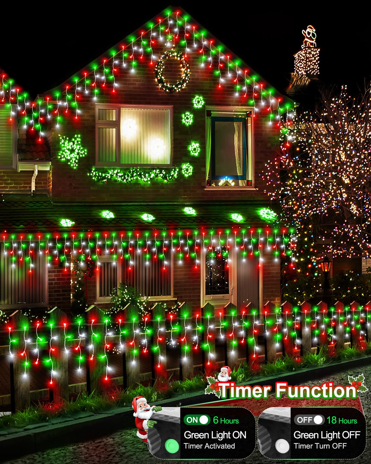 Christmas Lights Outdoor, 53 FT 486 LED Christmas Lights for Outside, Timer & Memory, Plug in 8 Modes Hanging Fairy Light with 108 Drops for House Eaves Yard Patio Decorations, Red Green and White