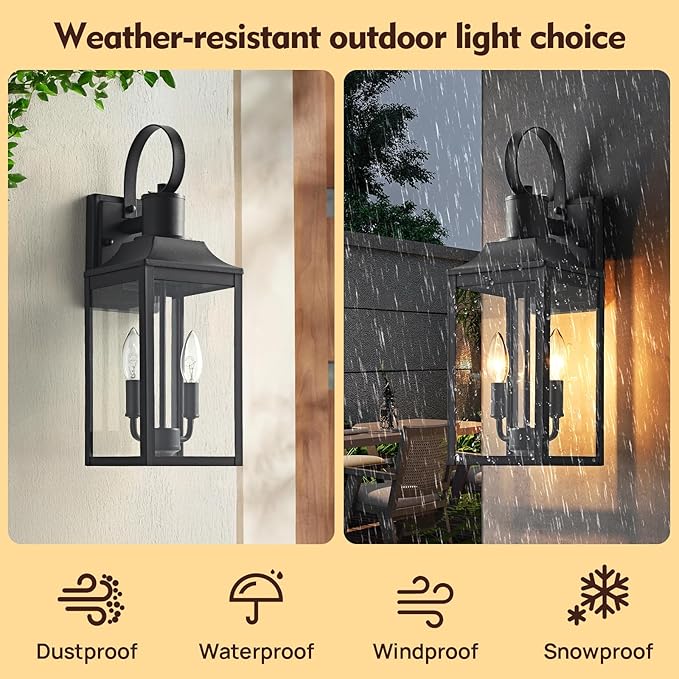 18.9" Black Dusk to Dawn Outdoor Lighting, 2-Light Industrial Porch Light with Clear Glass, Waterproof Farmhouse Outside Light Fixture Wall Mount for Porch, Patio, Garage (1 Pack)