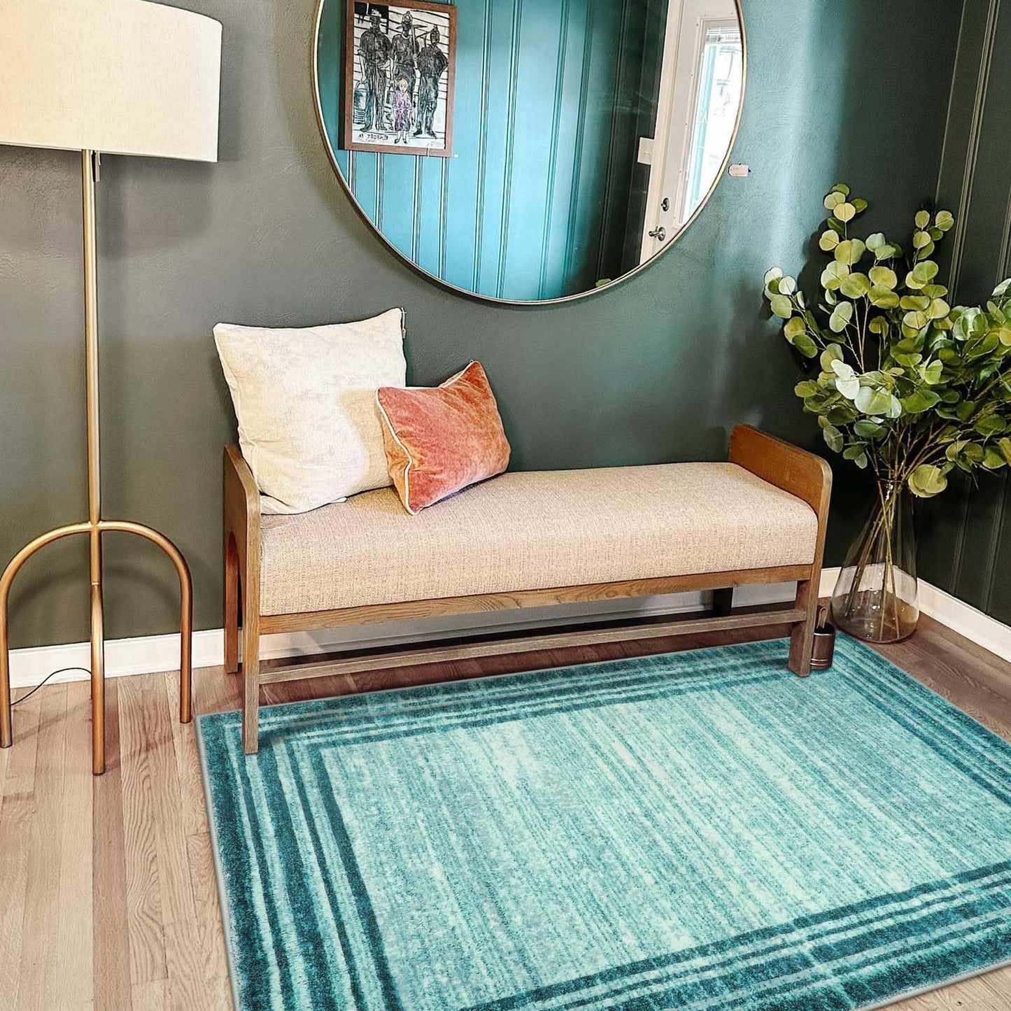 Lahome Modern Abstract Area Rug, Washable Teal 3x5 Kitchen Rugs Non Slip Large Entryway Rug Indoor, Low-Pile Soft Bathroom Mat Minimalist Throw Rug for Bedroom Living Room Stain Resistance