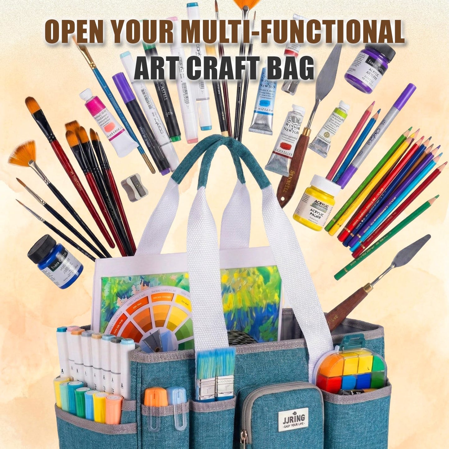 Jjring Craft Organizer Tote Bag, Portable Art Caddy with Adjustable Divider&Secure Zipper Pocket, Large Foldable Storage Tote for Scrapbooking, Sewing, Artist and Home(Green)