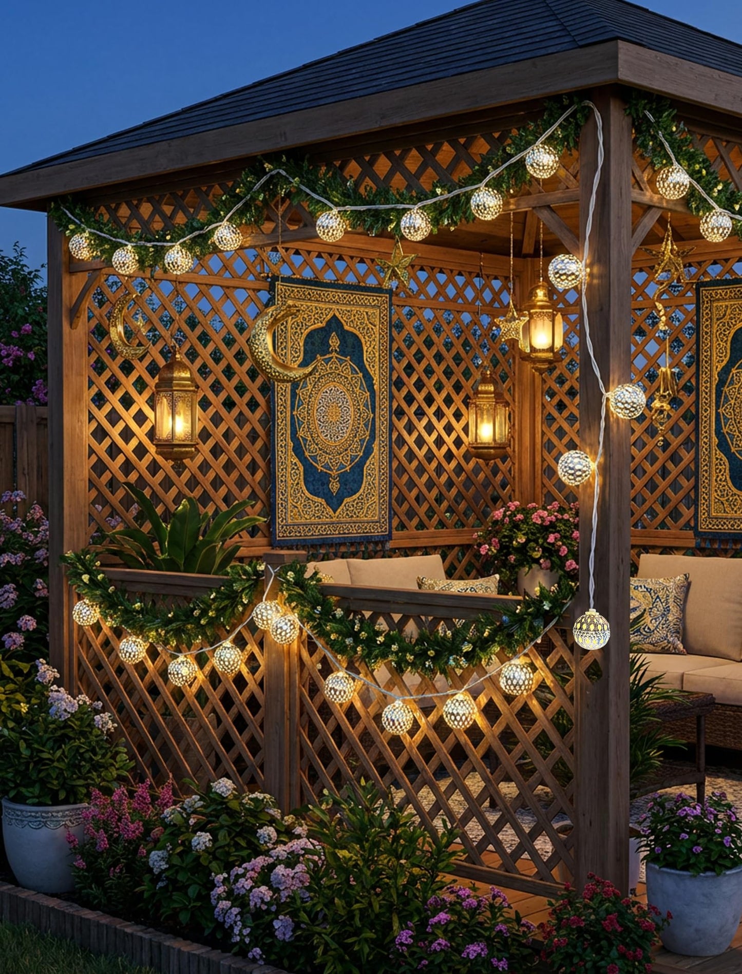 8.5Ft LED Moroccan Style String Lights Plug in, Outdoor Ramadan Decorations String Lights with 10 Silver Metal Ball Lights, Hanging Warm White Globe Fairy Lights for Ramadan Day Wedding Party Home