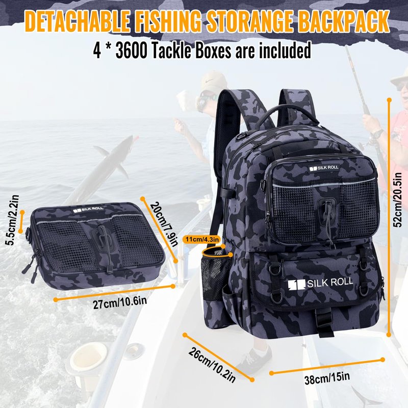 SILK ROLL 50L Fishing Tackle Backpack with Rod Holder and 4 Included 3600 Tackle Boxes - Waterproof Fishing Backpack for Ultimate Gear Organization and Storage (Black Camo)