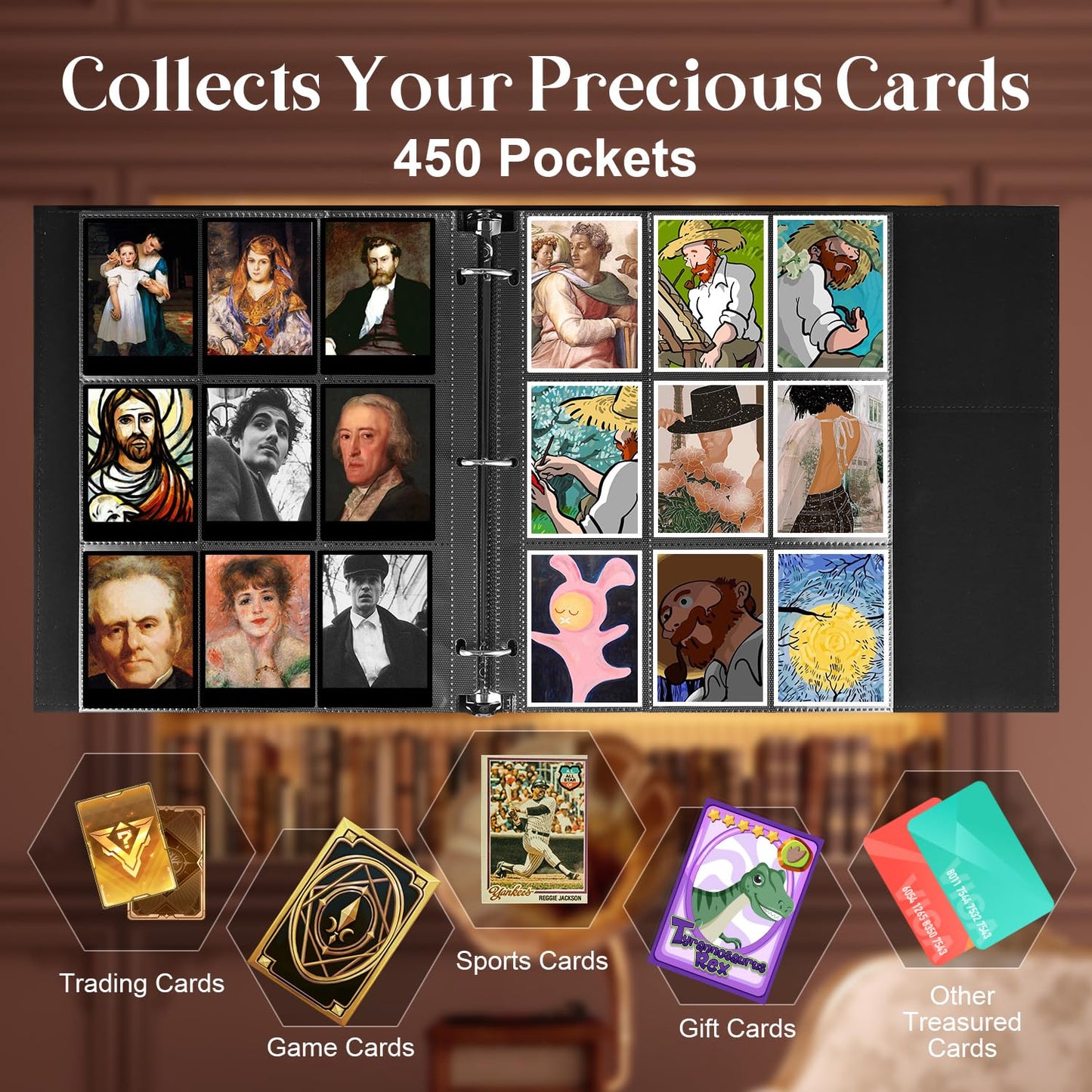 WOT I Deluxe Trading Card Binder, 450 Pockets Collectible Card Binder Sleeves, Refillable Leather 3 Ring Binder with Side-load Pocket Card Pgaes for Holding Cherished Cards - Green