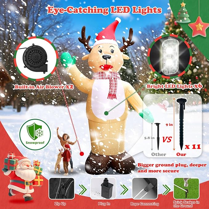 20FT Christmas Giant Inflatable Outdoor Decorations, Blow Up Reindeer Yard Decoration, Xmas Decor Build-in LED Lights for Garden Lawn Yard Porch Holiday Party