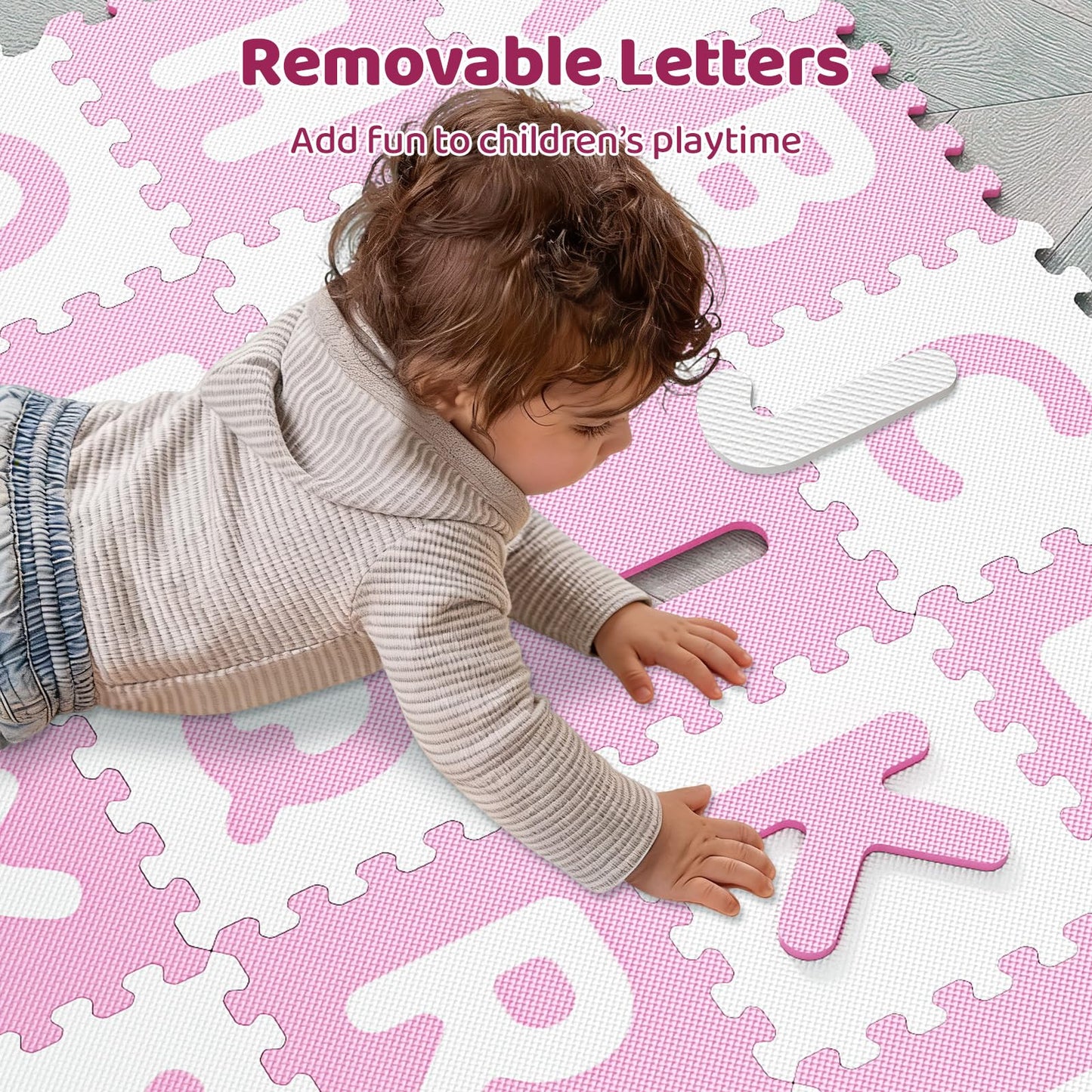 HONEY JOY Foam Floor Tiles for Kids, 12.5” x 12.5” EVA 26-Piece Interlocking Alphabet Puzzle Play Mat, Non-Slip Large Soft Carpet Rug, Easy to Clean, for Baby Crawling Exercise, Playroom (Pink)