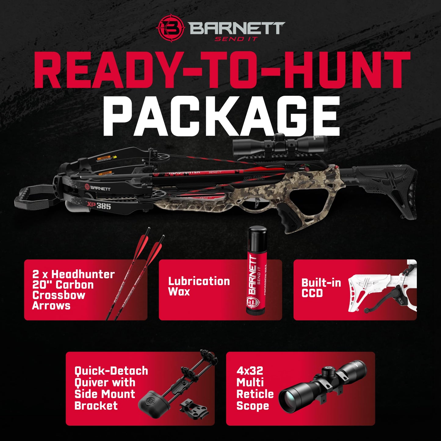 Barnett Expedition 385 Hunting Crossbow - Compact, Fast 385fps, Adjustable Butt Stock, Veil Camo, Triggertech Trigger, 4x32 Scope, Aluminum Flight Track, Headhunter Bolts, with CCD.