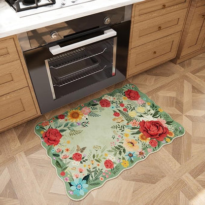 Washable Entryway Small Area Rugs: Door Mat Indoor Entrance 2x3 Floral Rug Ultra Thin Stain Resistant Non Slip Low Pile Lightweight Carpet for Kitchen, Front Door Decor (Light Green)