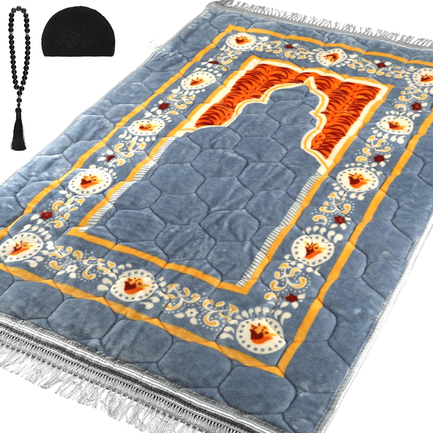 Oeofuzep Muslim Prayer Rug with Tasbih Prayer Beads & Kufi Hat, Padded Very Thick Prayer Rug Sajadah for Men and Women (Gray1)