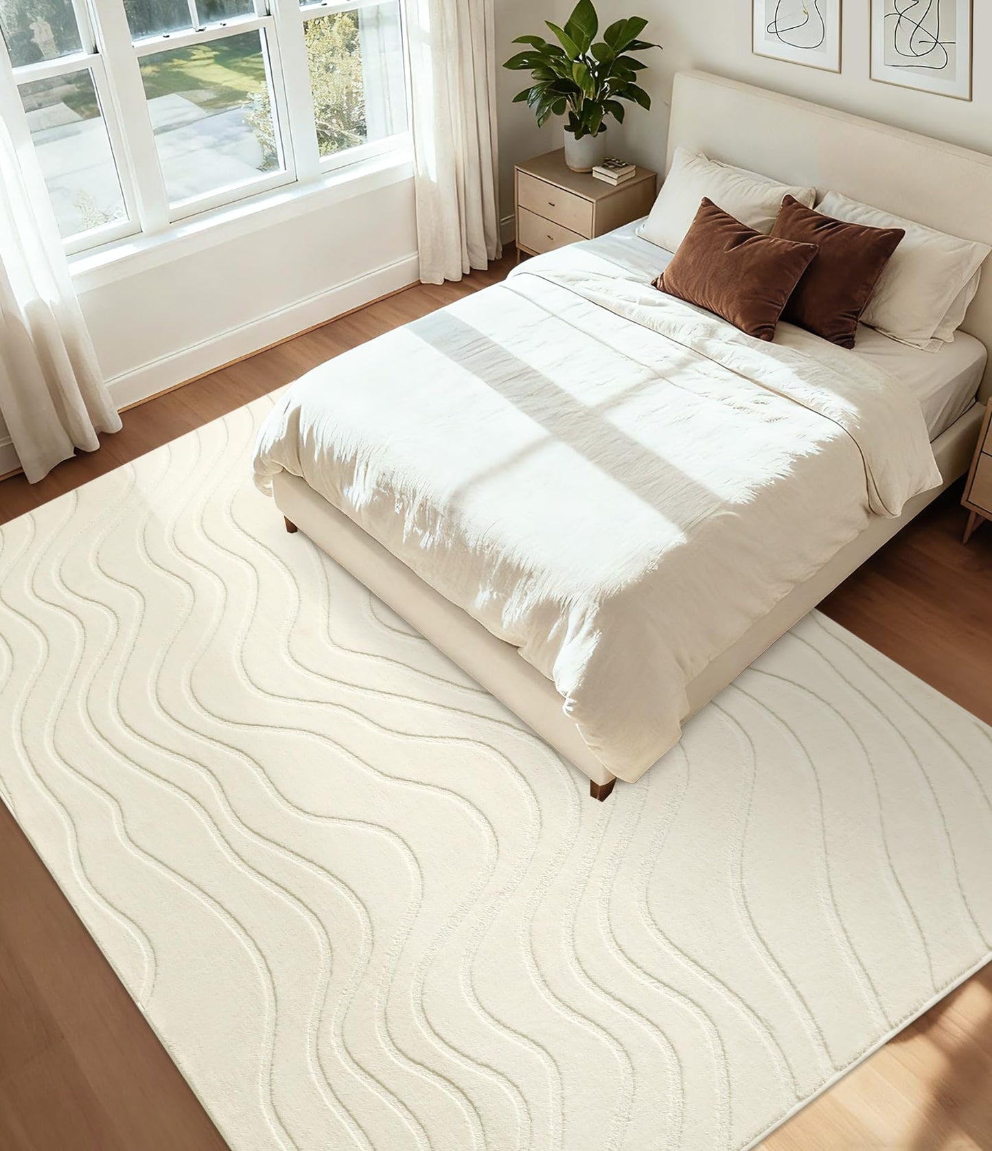 YIHOUSE 5x7 Abstract Wave Striped Area Rug, Modern Washable High-Low Pile Rug, Soft Textured Carpet for Living Room, Bedroom,Dining Room, Beige Ivory White