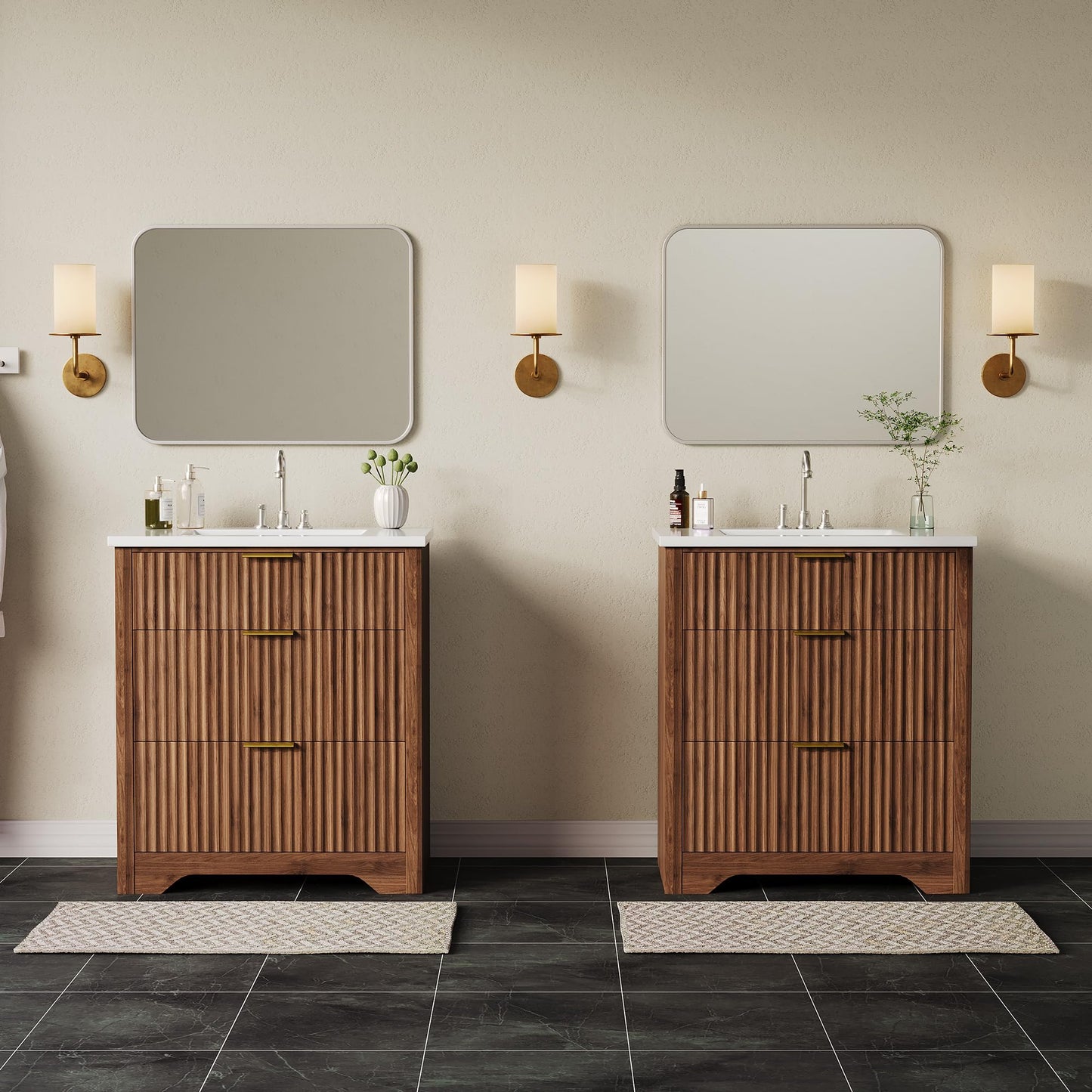 IDEALHOUSE 30" Walnut Fluted Bathroom Vanity with Sink, Farmhouse Freestanding Bathroom Sink Cabinet with 2 Drawers & 1 Flip-Down Drawer, Easy Assembly & Cleaning