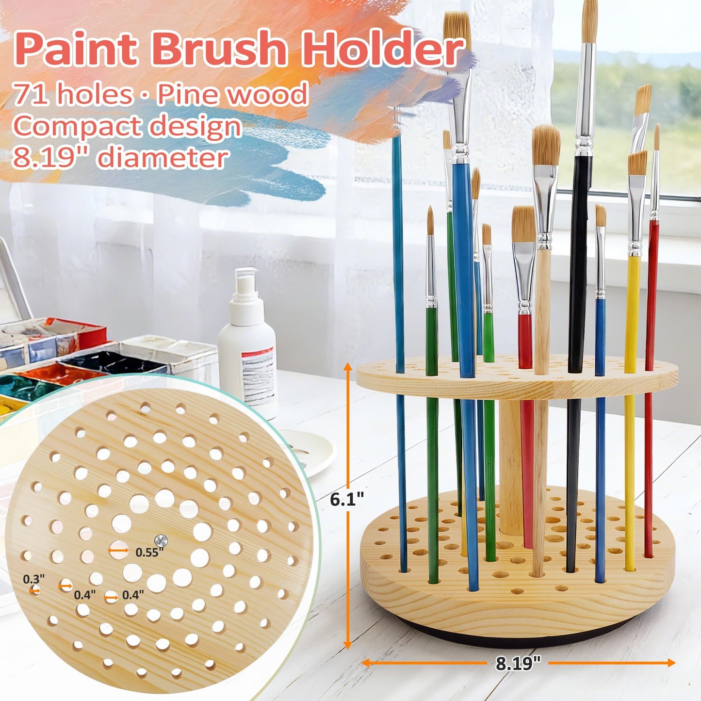 BREENHILL 71-Hole Rotating Paint Brush Holder, Large Capacity Wooden Paint Brush Organizer, 360° Spinning Brush Storage Rack for Watercolor, Acrylic, Calligraphy