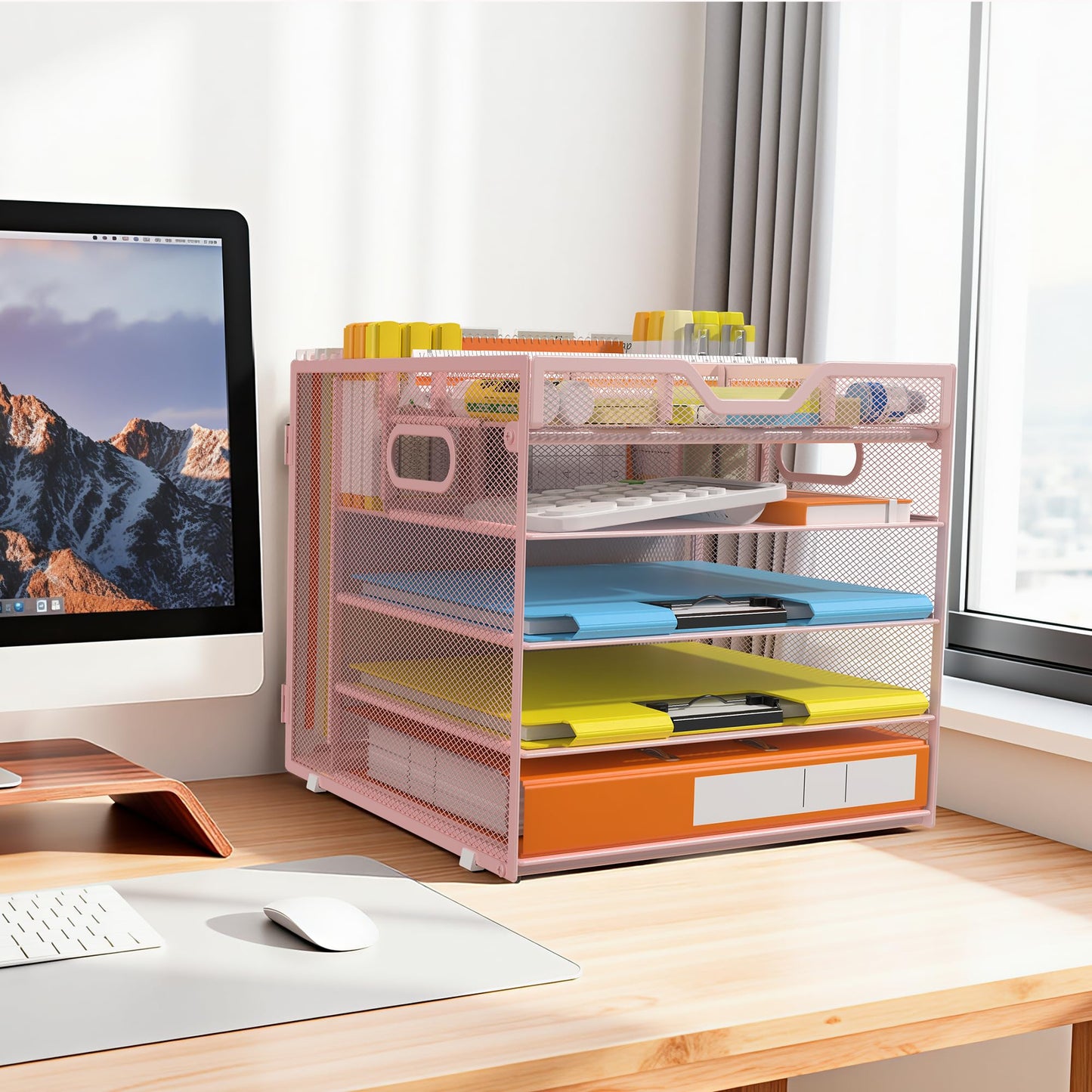 Docnest 5 Tier Letter Tray with Hanging File Organizer-Mesh Desk Organizer-Desktop Storage Box Built in Pen Holder and Handles, File Folder Holder for Mail Documents Office Supplies-Pink